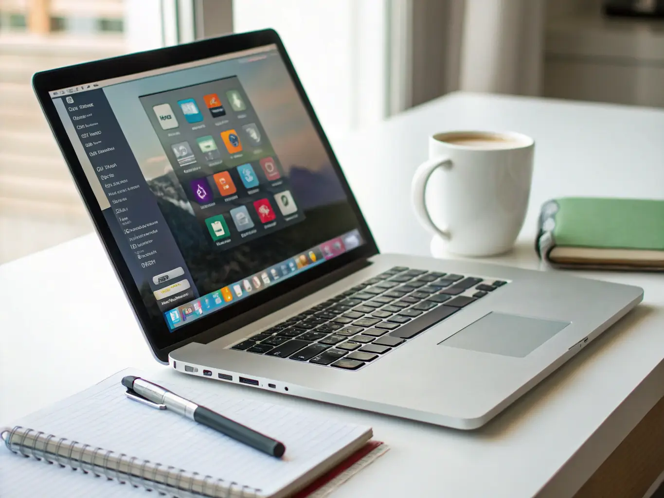 A professional image of a sleek, modern laptop on a clean desk setup, with a cup of coffee and a notebook, conveying productivity and sophistication.