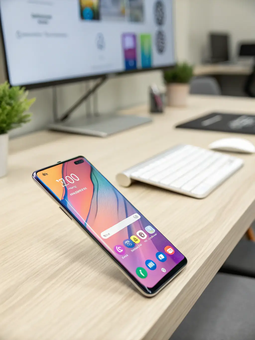 A detailed image of the new Samsung Galaxy S25, emphasizing its vibrant display and innovative features, placed on a modern desk.